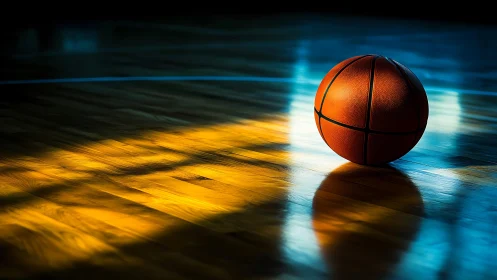 Basketball rests on reflective court under dramatic light
