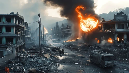 Urban war zone street with burning buildings and rubble
