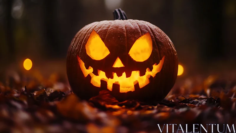 Grinning jack o lantern prowls through the autumn dusk glow