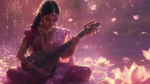 Lotus lagoon serenade with golden strings and twilight grace.