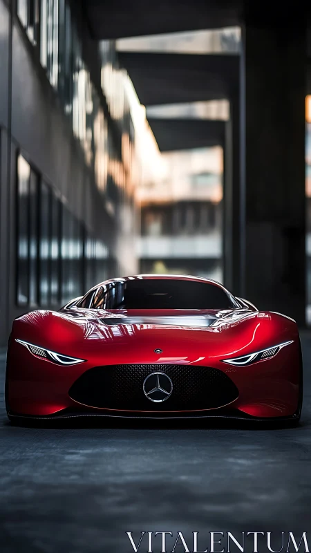 Crimson Mercedes supercar prowls a shadowed urban canyon.