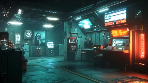 Futuristic cyberpunk control room glows with neon monitors