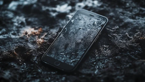 Rain-soaked smartphone dreaming on a storm-darkened shore.