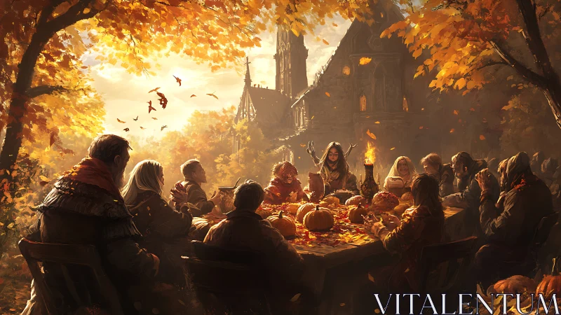 Autumn harvest banquet encircles central ritual hostess in glow