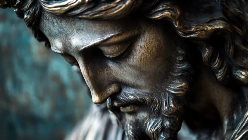 Close-up bronze sculpture of sorrowful bearded figure.