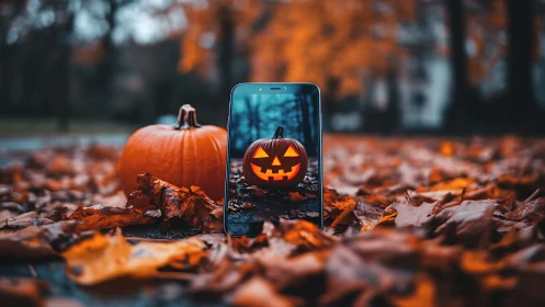 Smartphone displays jack-o'-lantern beside real pumpkin in autumn leaves