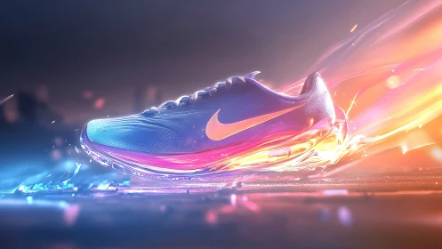 Electric sprint sneaker blazing through neon twilight.