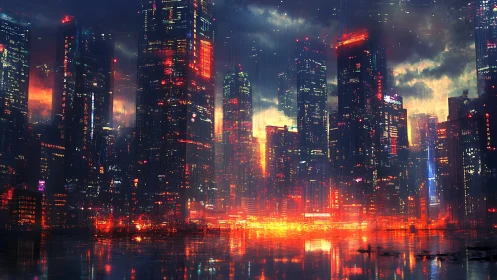 Neon-soaked cyberpunk skyline glows over rainy harbor.