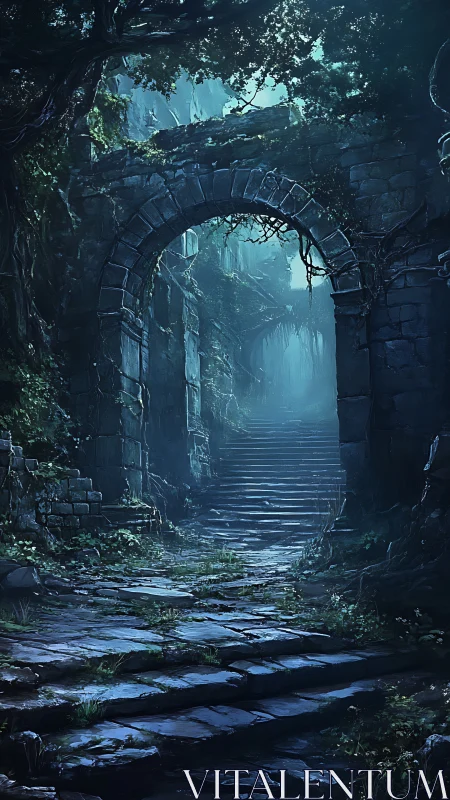 Moonlit stone arch frames overgrown stairway in dense ruins