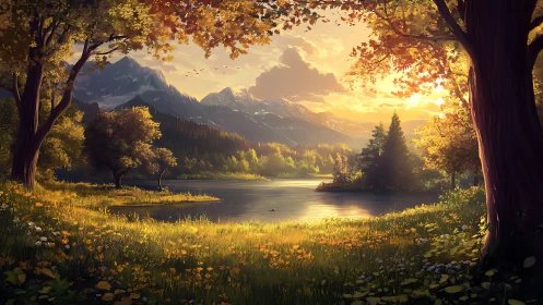 Mountain lake landscape under low sun with forested shore.