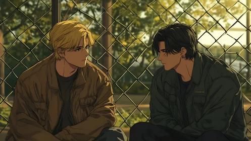 Quiet sunset talk between friends by the fence line.