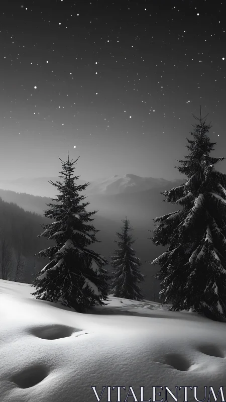 Snow covered conifer forest under star filled winter sky.