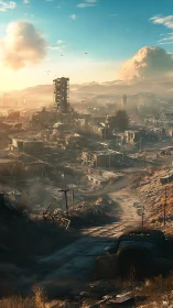 Sunlit ruins stretch across a haunting post apocalyptic valley