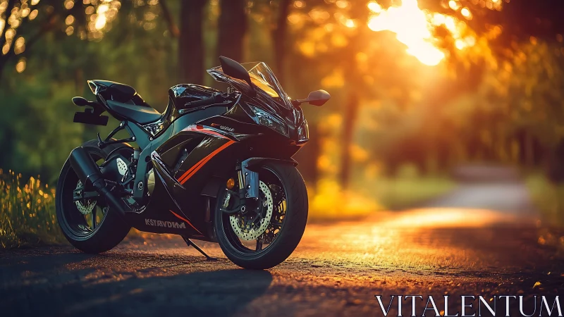 Black sport motorcycle stands on forest road at sunset