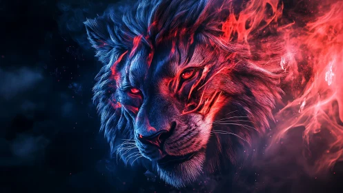 Fiery neon lion head emerges from darkness in vivid blaze