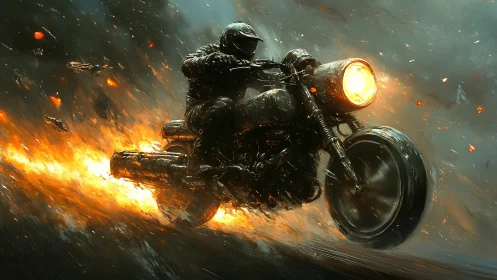 Motorcyclist on flaming road amid dense sparks and smoke.