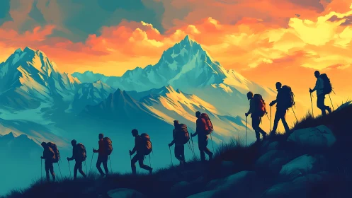 Digital painting of silhouetted hikers crossing alpine ridge.