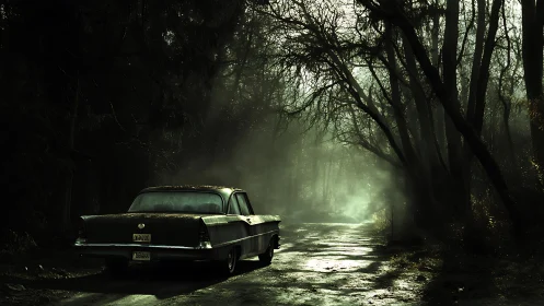Vintage sedan parked on wet forest road in low light.