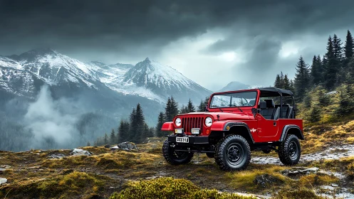 Red off-road jeep conquers rugged alpine mountain trail.
