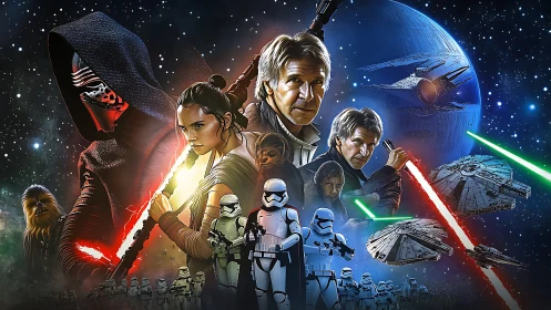 Epic space opera ensemble with starfighters and masked warrior