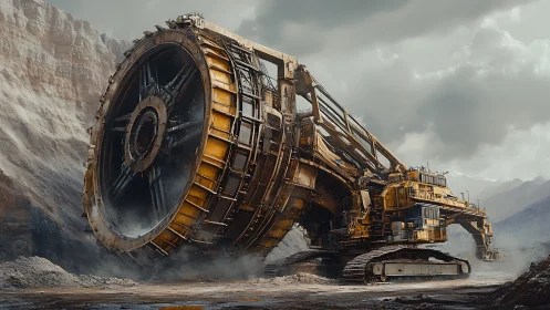 Large tracked excavator with bucket wheel operates in quarry