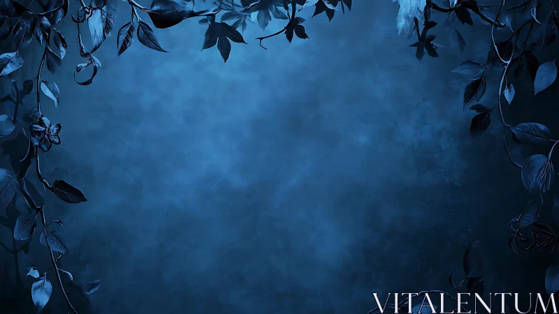 Midnight blue foliage frame over textured misty void.