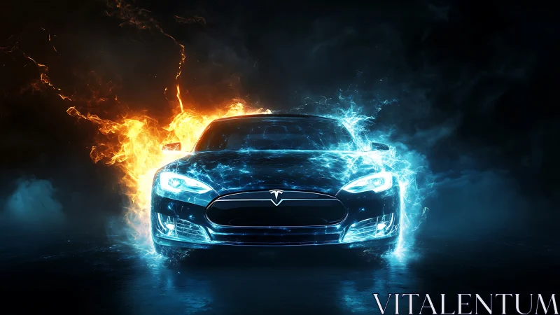 Electric performance sedan split by fire and blue energy.