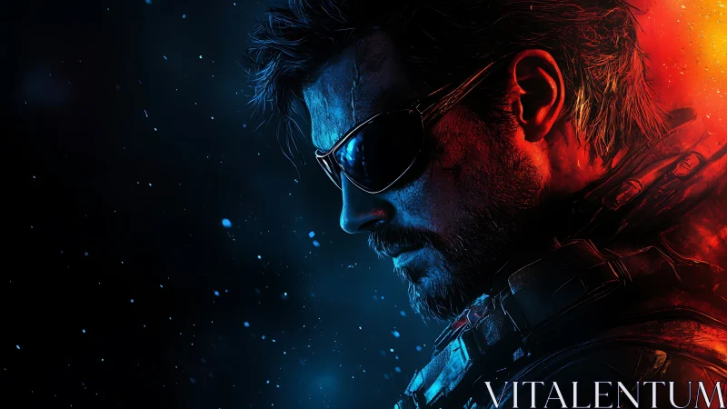 Shadow lit hero between blue calm and ember storm.