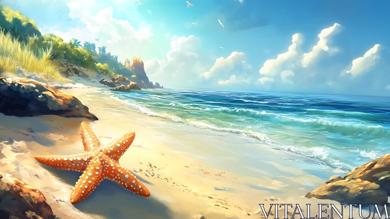 Starfish on sandy shore with coastal vegetation and sea.