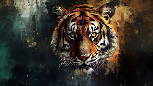 Tiger portrait with abstract dark and warm backdrop.