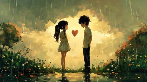 Two souls meet in rain beneath golden light, sharing a heart suspended between them
