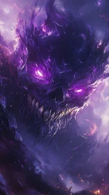 Violet flame demon emerges from swirling cosmic darkness