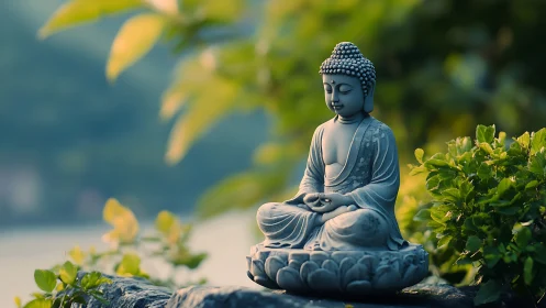 Peaceful garden Buddha statue in soft evening light.