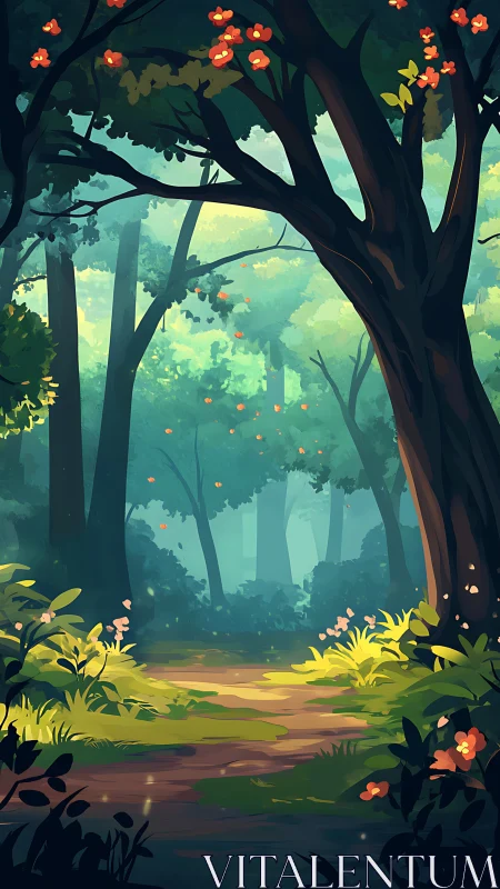 Enchanted Forest Path with Orange Blooms.