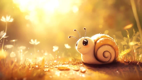 Cute snail rests in glowing meadow under soft sunrise light