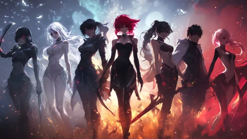 Elemental anime warriors stand amid fire and frost.
