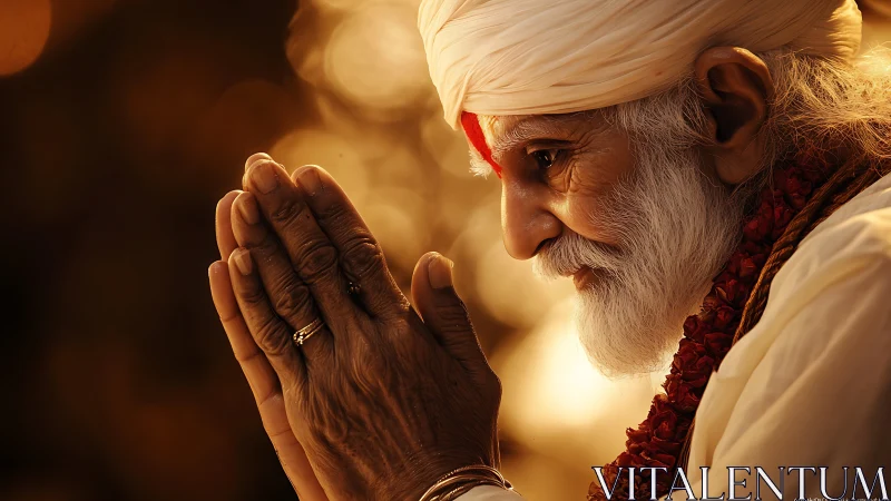 Elderly Indian man in prayer gesture under warm sunset light.