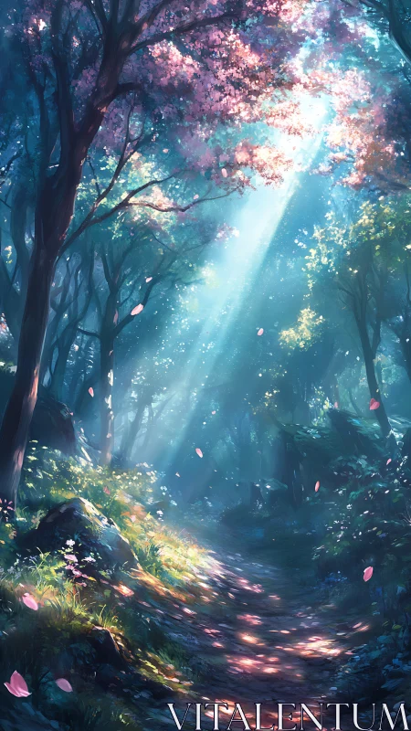 Luminous Forest Path. Ethereal Light Through Ancient Trees.