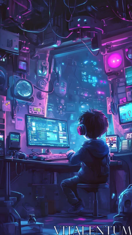 Young coder in neon cyberpunk workstation at night.