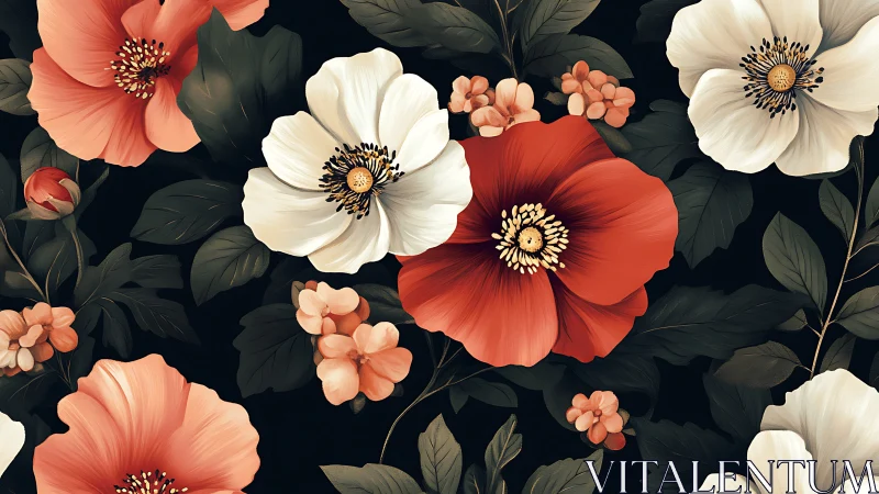 Botanical Romance: Layered Florals Against Obsidian Canvas.