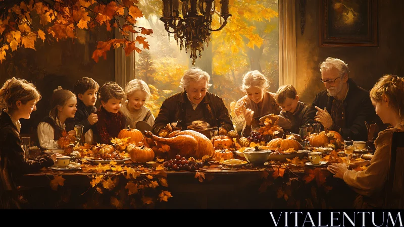 Golden autumn family feast around glowing harvest table.