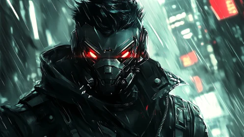 Masked cybernetic figure in rainy neon urban setting.
