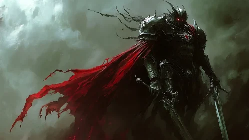 Dark armored warlord with crimson cloak in storm haze.