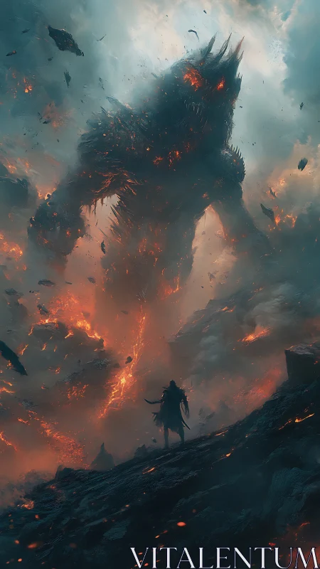 Enormous lava colossus looms above lone warrior in chaos.