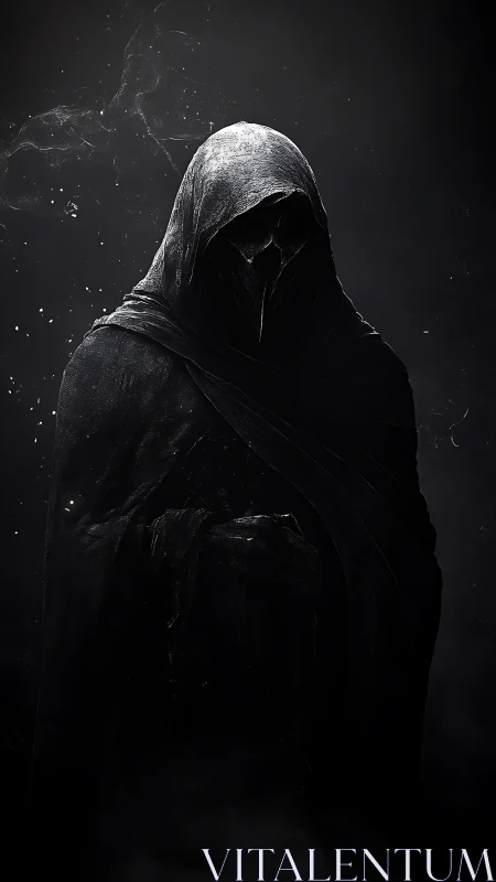 Hooded crow masked figure stands in dark atmospheric void