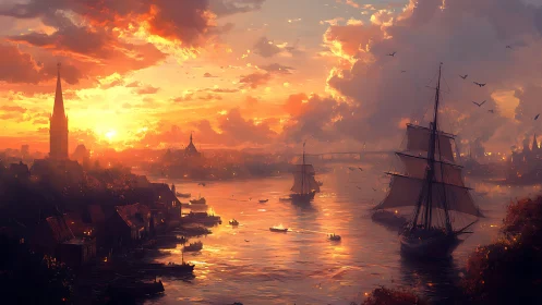 Sunlit harbor city with tall ships crossing a reflective river