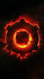 Molten gear emblem burns against a scorched dark void
