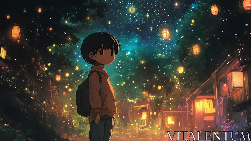 Child under starlit lanterns walks through glowing night street.