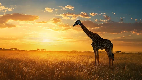 Giraffe stands in backlit savanna grassland at sunset