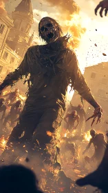 Towering burning zombie strides through a ruined city street